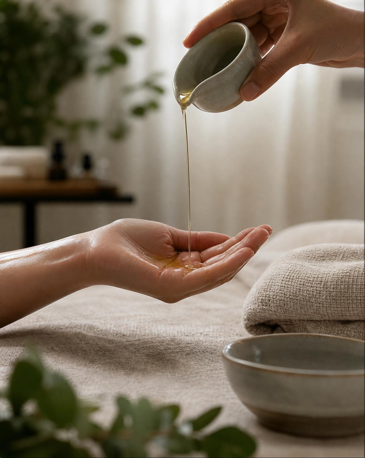 Momento di massoterapia con olio in un ambiente calmo